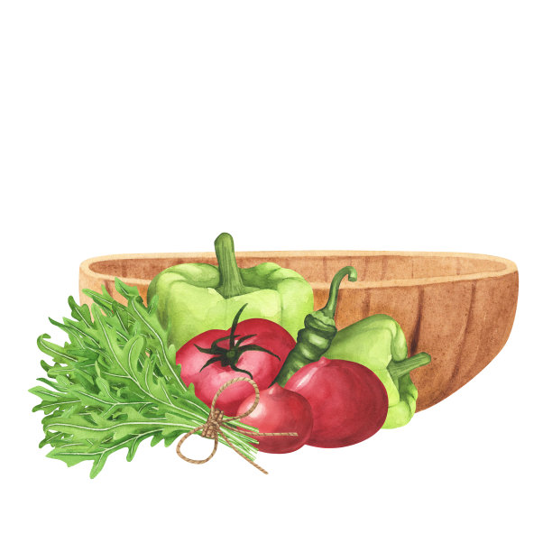 芝麻菜，熟番茄，迷迭香，青椒，木盘碗上白。水彩插图。艺术装饰图片下载