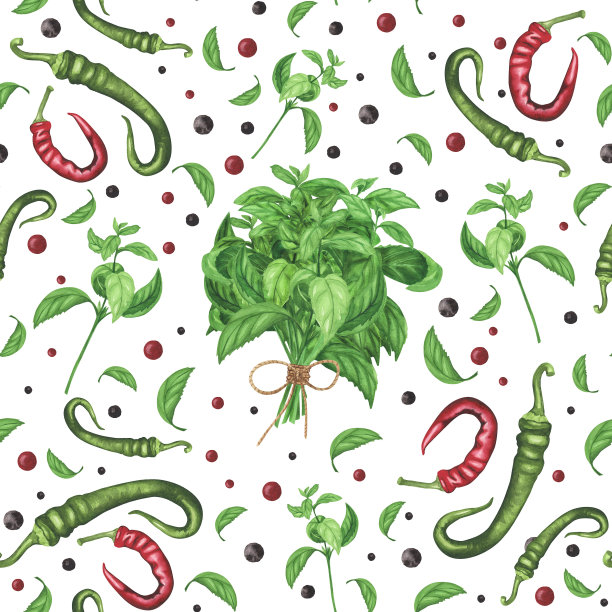 红辣椒、绿辣椒、白罗勒无缝花纹。水彩手绘插图。装饰艺术图片下载