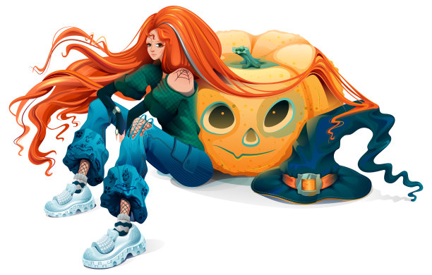 可爱的年轻女巫女人坐在南瓜灯笼附近。万圣节派对和女巫帽图片下载