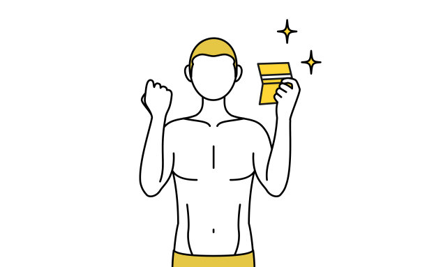 脱毛和男性的审美形象，一个穿着内衣的男人高兴地看到存折。图片下载