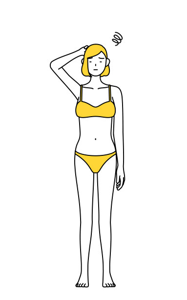 脱毛和美容沙龙图片，一个穿着内衣的女人痛苦地挠头。图片下载