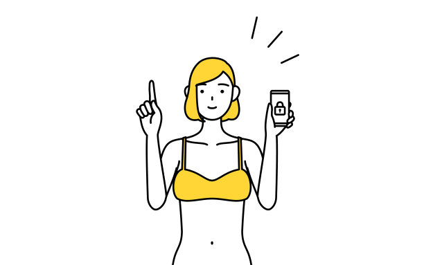 脱毛和美容沙龙图片，一个穿着内衣的女人在为她的手机采取安全措施。图片下载