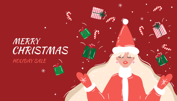 圣诞和新年假期促销。年轻的女孩和飞天的礼物，网络横幅图片下载