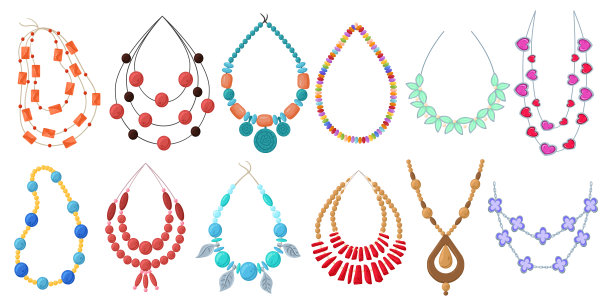 卡通的金银项链。珍贵的宝石，珠子，珍珠，钻石项链，金链和项链平矢量插图集。迷人的珠宝收藏图片下载