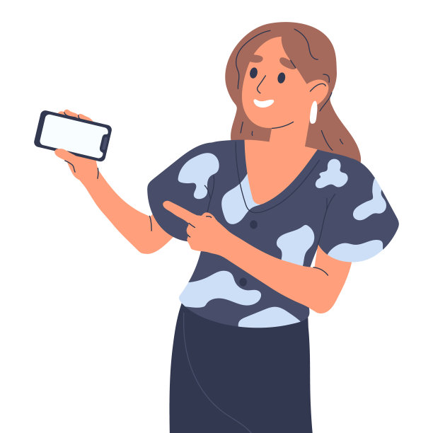 卡通女孩指着智能手机。女性角色展示移动产品，女性在白色背景上指向并介绍文本或产品平面矢量插图图片下载