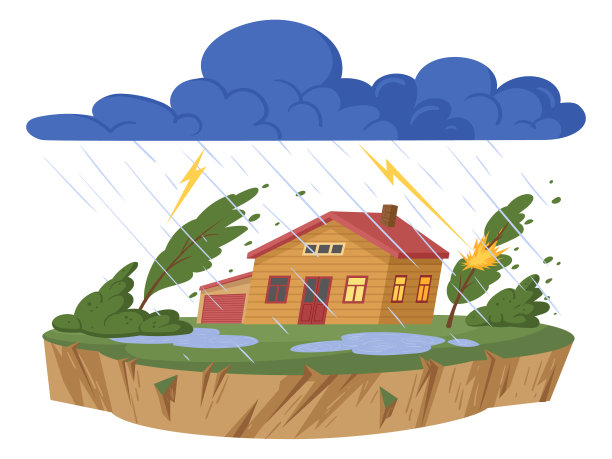 卡通暴雨自然灾害。阵雨，闪电和雷云，洪水冲走房屋，多雨的极端大灾变灾害平面矢量插图在白色背景图片下载