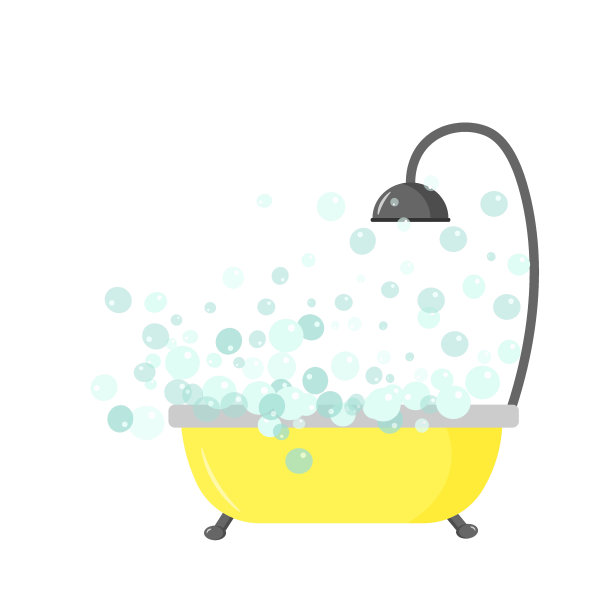 带有肥皂泡的黄色浴缸。浴室里的家居用品。向量。图片下载