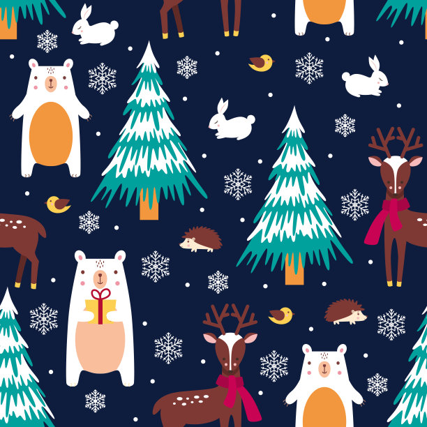 冬季背景与动物和圣诞树图片下载