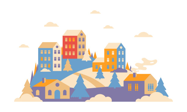 几何极简平面风格的城市景观。新年和圣诞节的冬天城市山上，飘落的雪和冷杉树图片下载