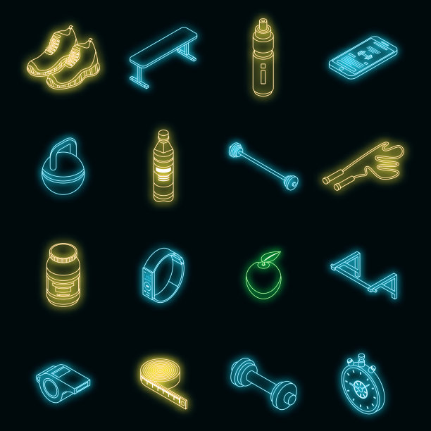 健身房时间图标设置矢量霓虹灯图片下载