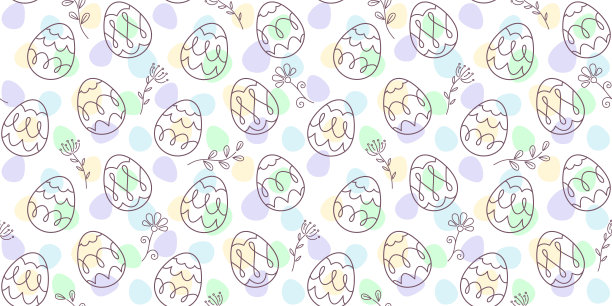 节日无缝模式与轮廓复活节彩蛋，树枝，鲜花和花序在白色背景与彩色小鸡蛋图片下载