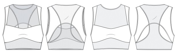 女子运动胸罩技术时尚插图。网顶时尚平面技术图纸模板，镂空，前后视图，白色，CAD模型。图片下载