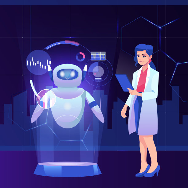 女科学家与可爱的机器人矢量概念插图图片下载