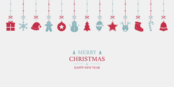 挂有节日图标和祝福的圣诞贺卡。圣诞装饰品。向量图片下载