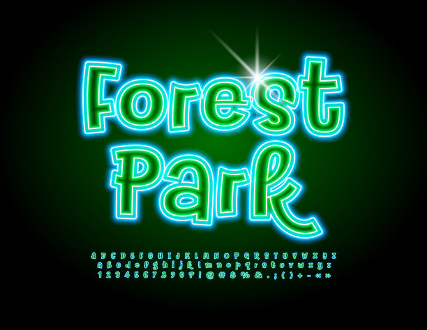 矢量霓虹灯标志森林公园。有趣的手写字母，数字和符号集图片下载