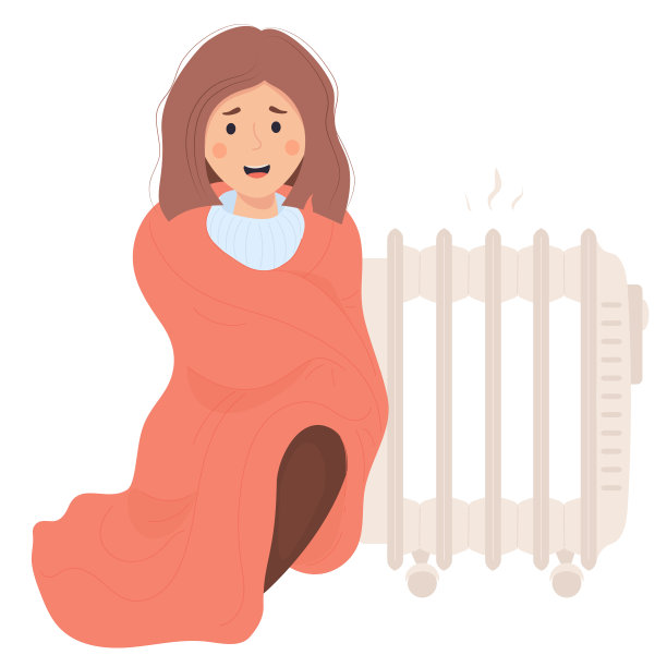 快乐的女孩裹着毯子在热暖气片附近晒太阳。卡通平面矢量插图。概念季节冷暖和室内暖气。图片下载