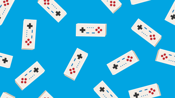 无缝模式无穷无尽的游戏机操纵杆，电子玩具老式复古复古潮人从70年代，80年代，90年代隔离在蓝色背景上。矢量图图片下载