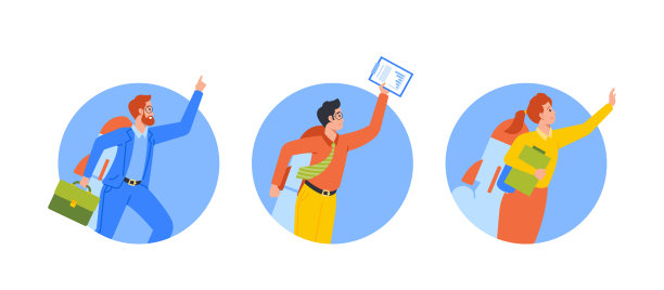 办公室工作人员的职业提升圆形图标或头像：商务人士乘坐喷气背包图片下载