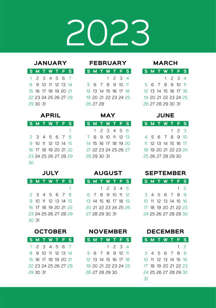 日历设计2023年。英文绿色矢量垂直墙或口袋压延模板图片下载