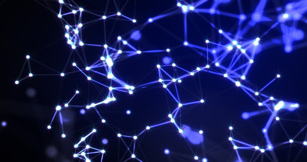 未来抽象的蓝色发光丛点与辐射魔法能量线在黑色背景。抽象的背景图片下载