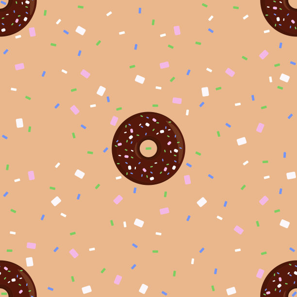 米色背景上有巧克力糖霜和彩色糖霜的甜甜圈。无缝棕色图案图片下载