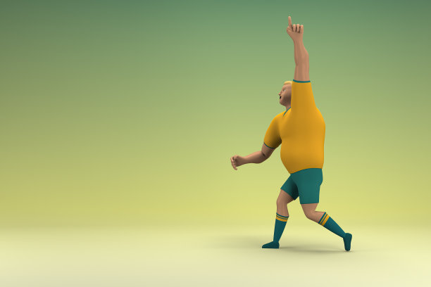 穿着黄色衬衫和绿色裤子的运动员。他正在做运动。动画角色在表演中的三维渲染。图片下载