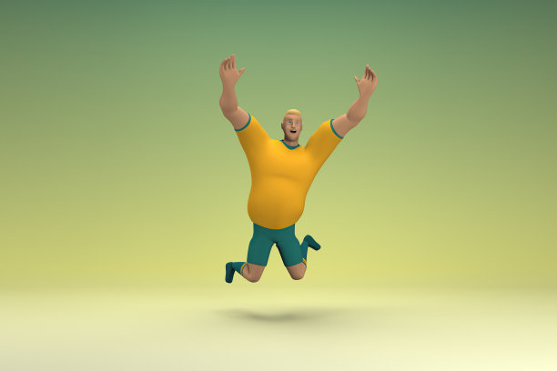 一个穿着黄色衬衫和绿色裤子的运动员正在跳跃。动画角色在表演中的三维渲染。图片下载