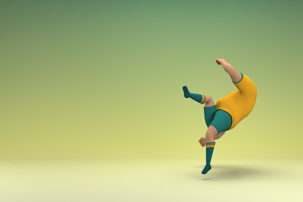 穿着黄色衬衫和绿色裤子的运动员。他摔倒了。动画角色在表演中的三维渲染。图片下载