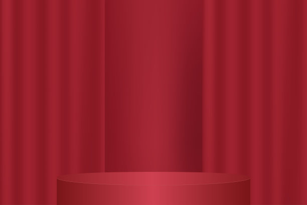 领奖台带有3D红圈。红色天鹅绒窗帘和舞台底座。图片下载
