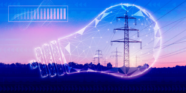 能源安全。以能源工业为主题的霓虹灯高压电力线符号灯泡设计。输配、售电概念。照片上的低聚设计图片下载