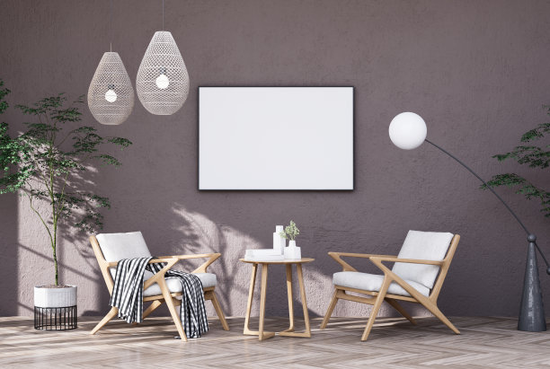 模拟海报框架在现代室内家具齐全的房间背景，客厅，图片下载