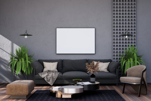 模拟海报框架在现代室内家具齐全的房间背景，客厅，图片下载