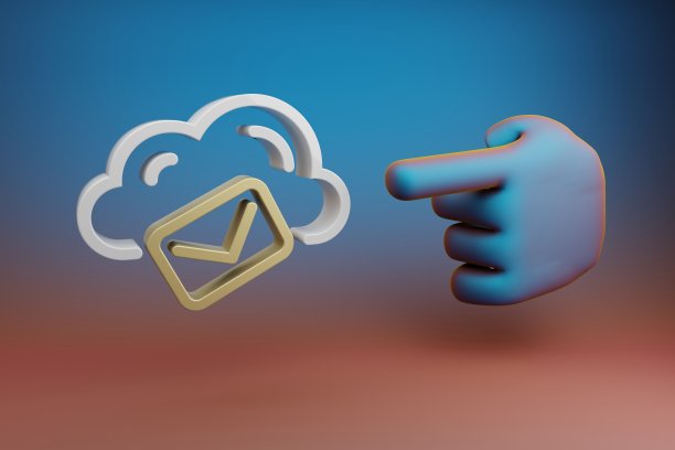 漂亮的插图抽象手食指指向云邮件托管符号图标在一个多色明亮的背景。三维渲染插图。背景图案的设计。图片下载