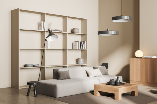 时尚放松的房间内部与沙发和咖啡桌与架子图片下载