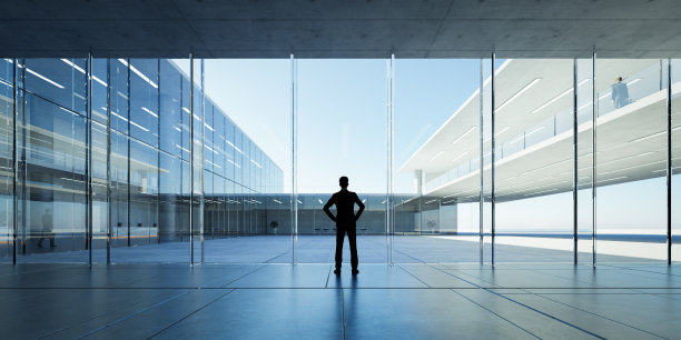 成功的商人从他的办公室看天空的后视图图片下载