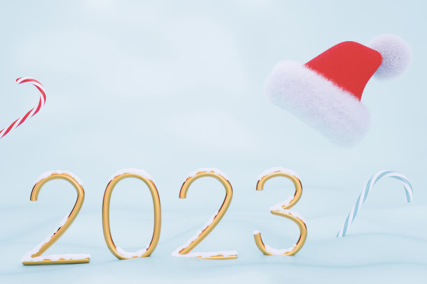 3d圣诞横幅与圣诞老人帽子和2023文本在雪浅蓝色背景。社交网络中的促销、营销和广告。三维渲染插图。图片下载