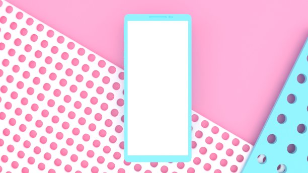 智能手机3d插图。在线娱乐。网络。社交媒体。抽象的形状。3 d渲染。发短信的地方。时尚柔和的颜色。蓝色的。粉红色的。图片下载