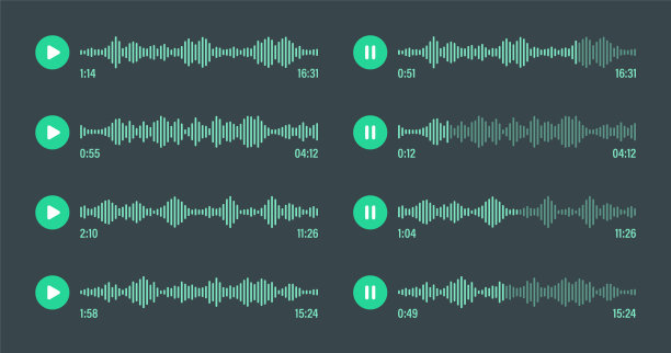 语音信息，社交媒体聊天。消息应用程序，音乐播放器，音频或视频编辑器界面元素。语音助手，录音机。声波模式。黑暗的模式。矢量图图片下载
