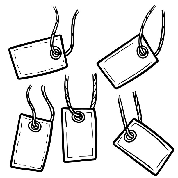 带绳的纸板标签。空模板纸板标签销售和零售。手绘商店价格。轮廓卡通插图图片下载