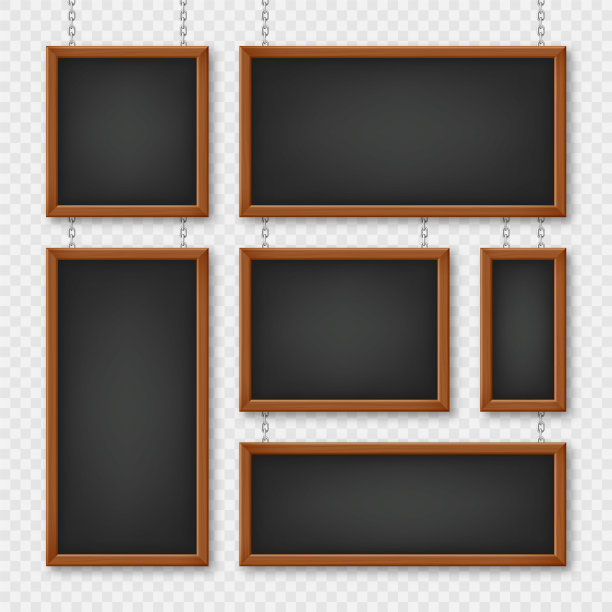 挂在金属链上的木框招牌。餐厅菜单板。学校黑板，文字或绘画的书写面。空白的广告或展示板。矢量图图片下载