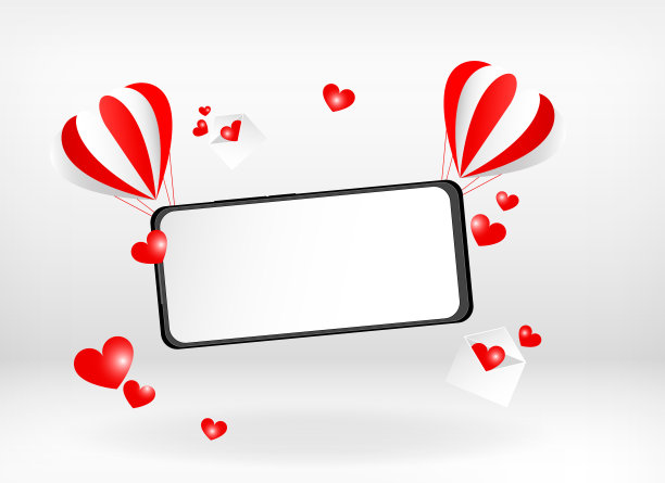 两个气球在水平方向上抱着智能手机模型，白色背景上漂浮着浪漫的心和信封。概念现实矢量插图图片下载