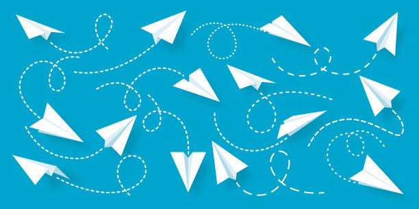 各种逼真的白纸飞机收藏。手工折纸飞机与点涂鸦路线线。业务概念要素，项目启动和目标实现。矢量图图片下载
