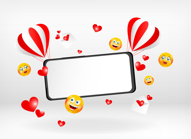 两个气球携带智能手机模型在水平方向与飞行的心和信封隔离在白色背景上。可编辑的抽象3D矢量插图图片下载
