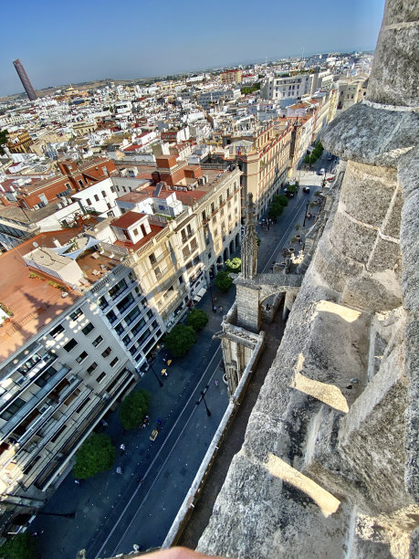 西班牙塞维利亚，从圣玛丽大教堂的哥特式屋顶俯瞰下面的街道(宪法大道)。图片下载