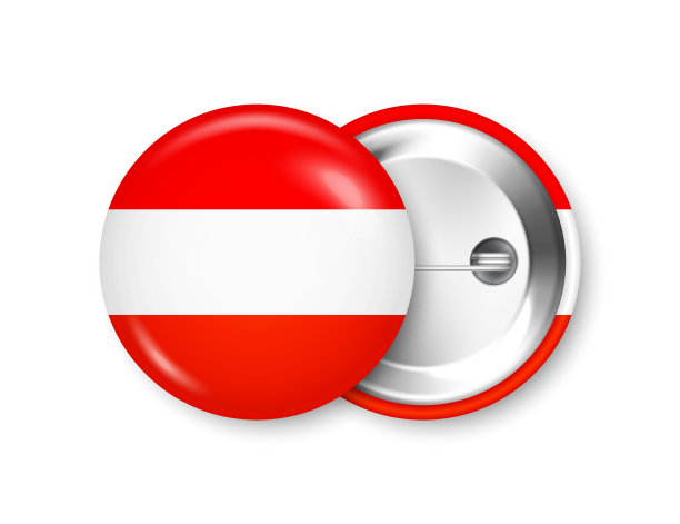 带有奥地利国旗的现实纽扣徽章。奥地利的纪念品。有光泽的别针徽章与闪亮的金属扣。用于广告和促销的产品模型。矢量图图片下载
