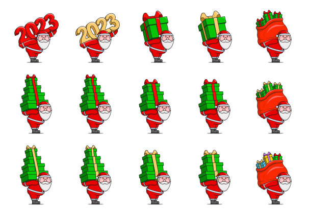 圣诞老人背日期2023年，大礼盒，装彩色礼物的袋子，一叠礼物。圣诞节或新年。彩色平面矢量图标设置。可编辑的中风图片下载