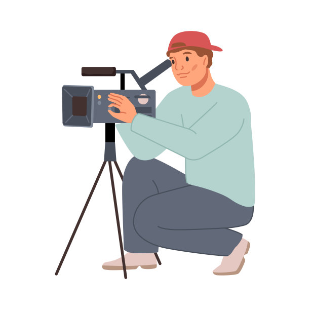 摄影师调整相机在三脚架拍摄视频。电视操作员或摄像师与专业工作室设备，平面卡通矢量插图图片下载