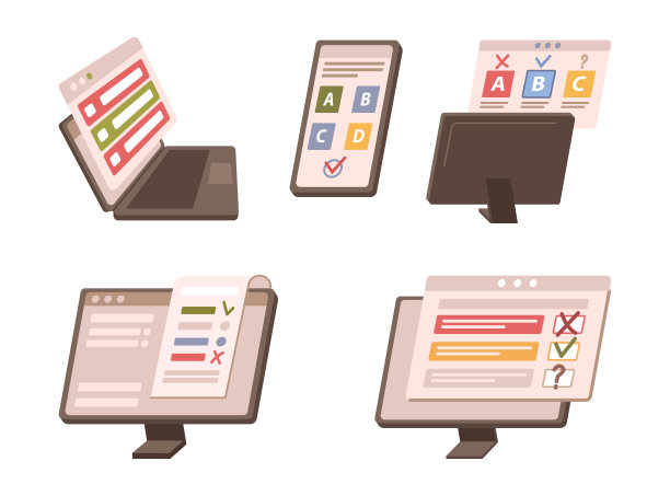 在智能手机、笔记本电脑、平板电脑和个人电脑屏幕上进行调查和在线测试。选择变量，回答问题。平面矢量图片下载