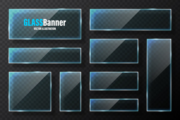 现实的玻璃框架收集。蓝色透明的玻璃横幅与耀斑和亮点。光滑亚克力板，元素与光反射和文字的地方。矢量图图片下载
