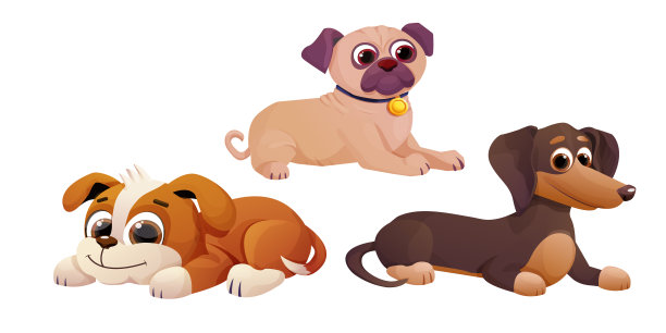 设置躺着的小狗，可爱的腊肠犬，哈巴狗孩子，宠物与可爱的尾巴在漫画风格孤立的白色背景。情感人物集合。矢量图图片下载